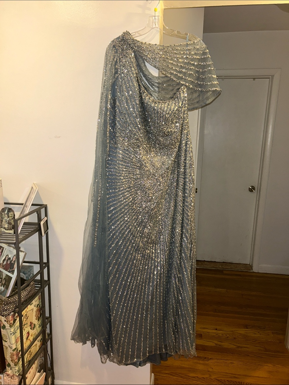LARA 29051 Slate Blue One-Shoulder Sequin Gown with Draped Tulle - Picture 3 of 4